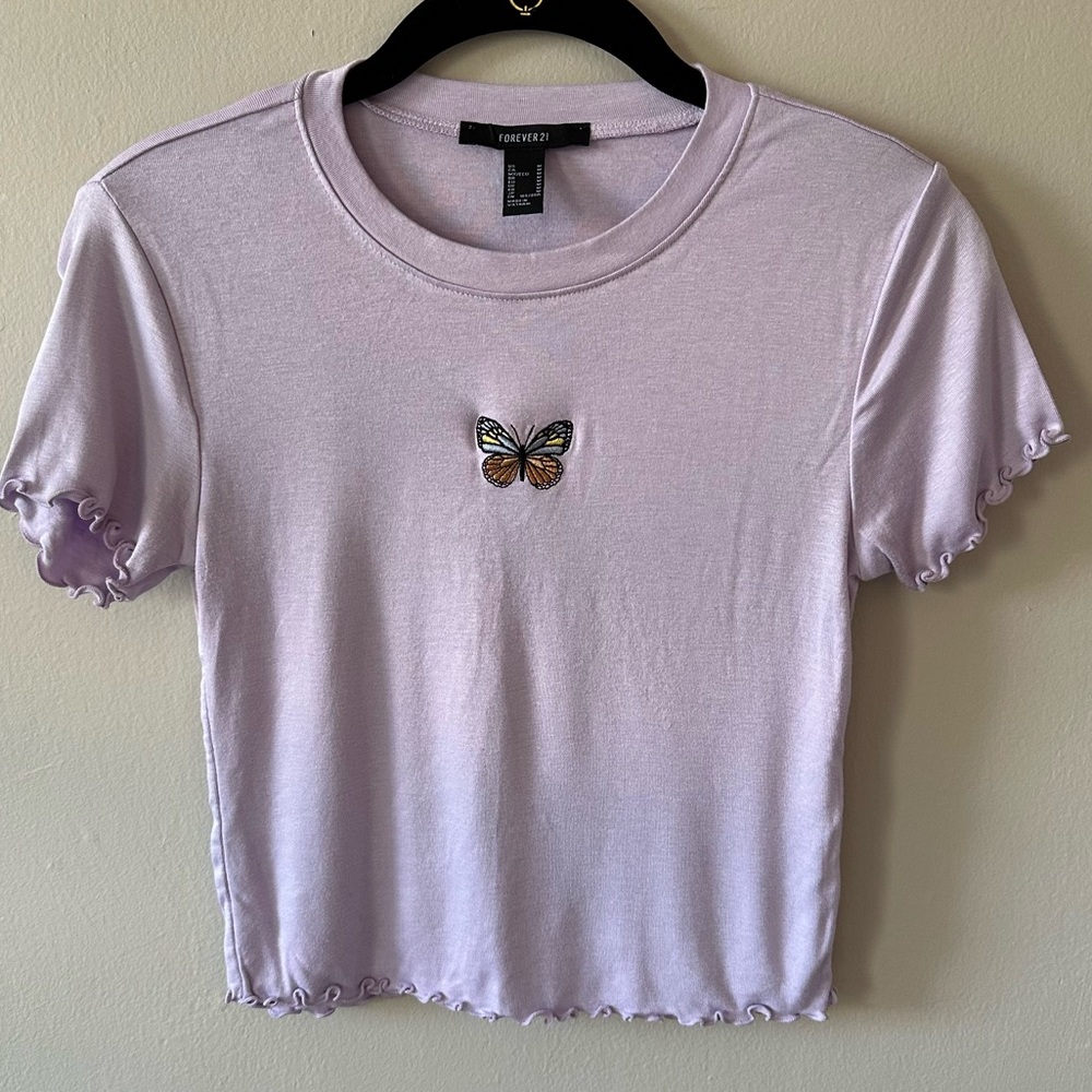 Forever 21 Lavender Butterfly Baby Tee – Lettuce Hem Crop Top, Size M